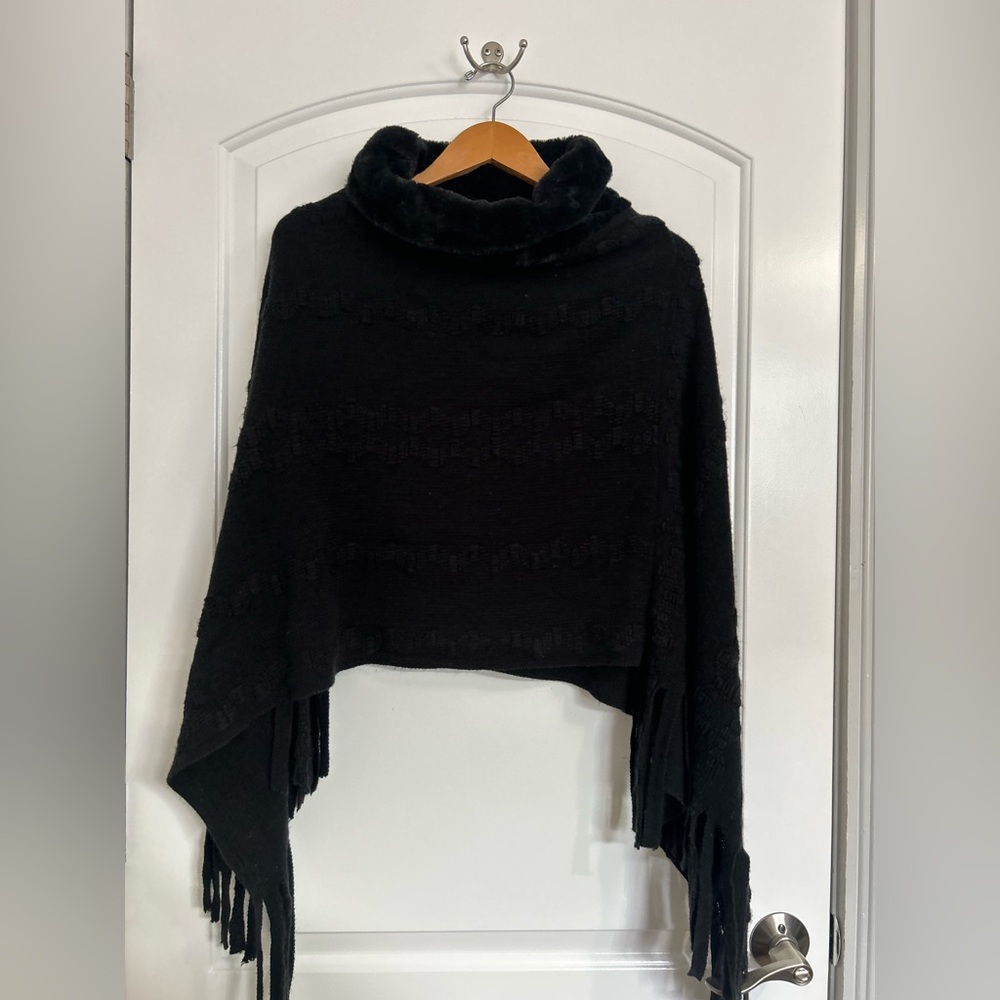 90s Vtg Black Knit Faux Fur Cowl Neck Fringe Poncho Shawl whimsigoth festival OS